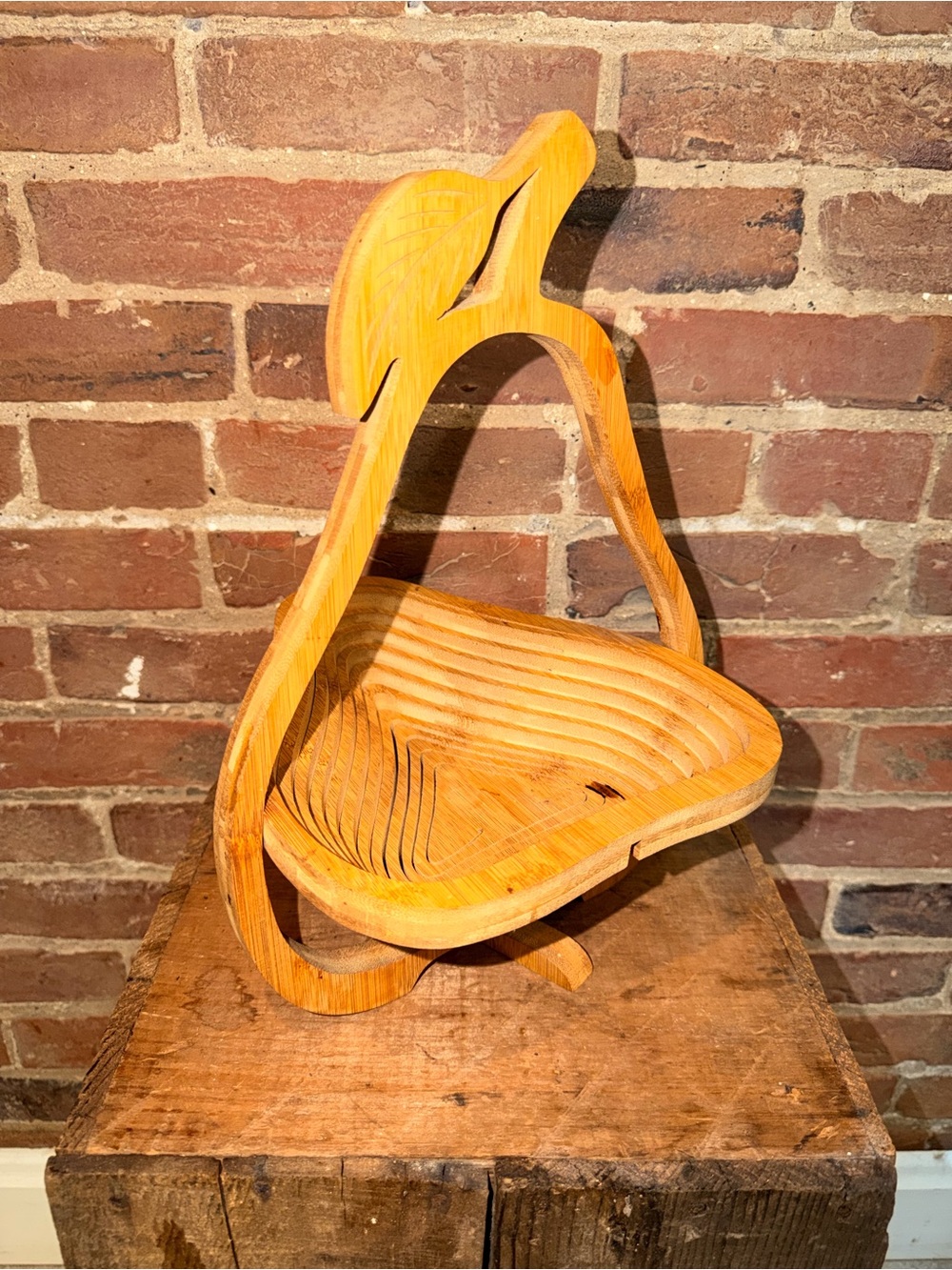 Carved Wooden Fruit Basket Bowl - Natural Honey Tone